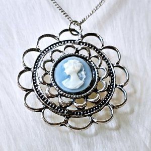 Blue & White Cameo Silver Necklace